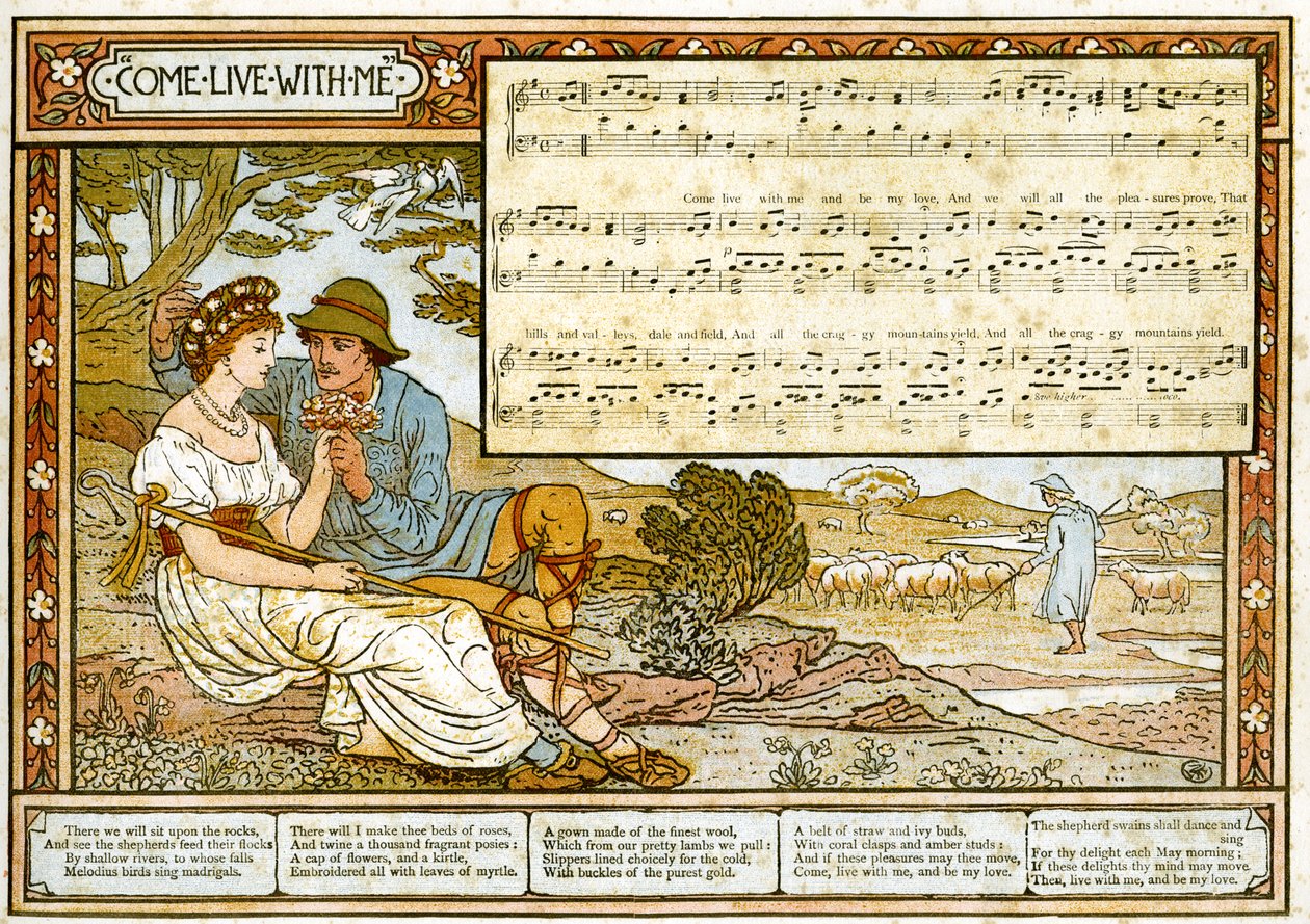 "The Passionate Shepherd to his Love", ilustrace písně z knihy "Pan-Pipes", A Book of Old Songs, Newly Arranged and with Accompaniments by Theo. Marzials, vydáno v Londýně nakladatelstvím George Routledge und Sons. od Walter Crane