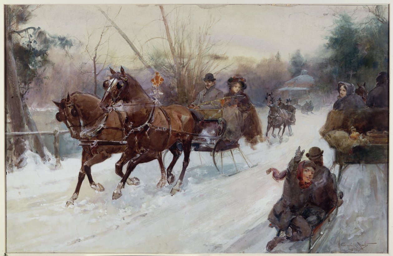 Sáňkování v parku, 1896 (čb a kvaš na papíře) od Walter Granville Smith