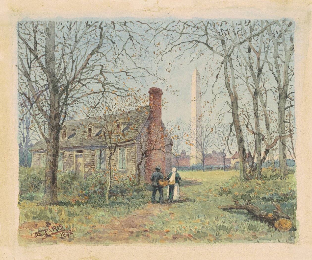 David Burnss Cottage a Washington Monument, Washington D.C., 1892 (akvarel a grafit na tkaném papíře) od Walter Paris