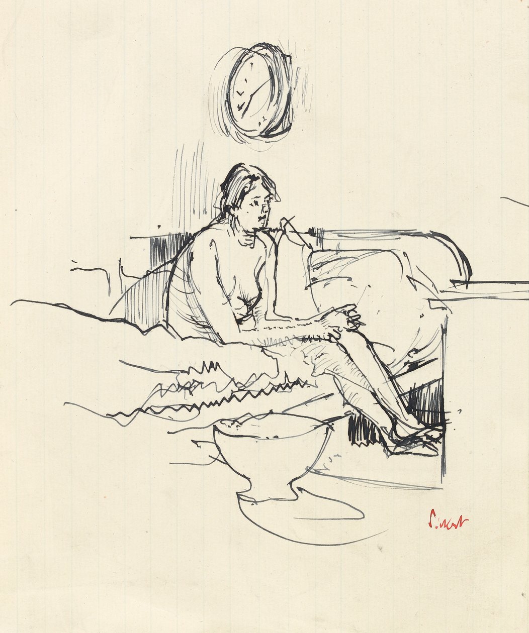 Dívka sedící na posteli (pero a modrý inkoust na papíře) od Walter Richard Sickert