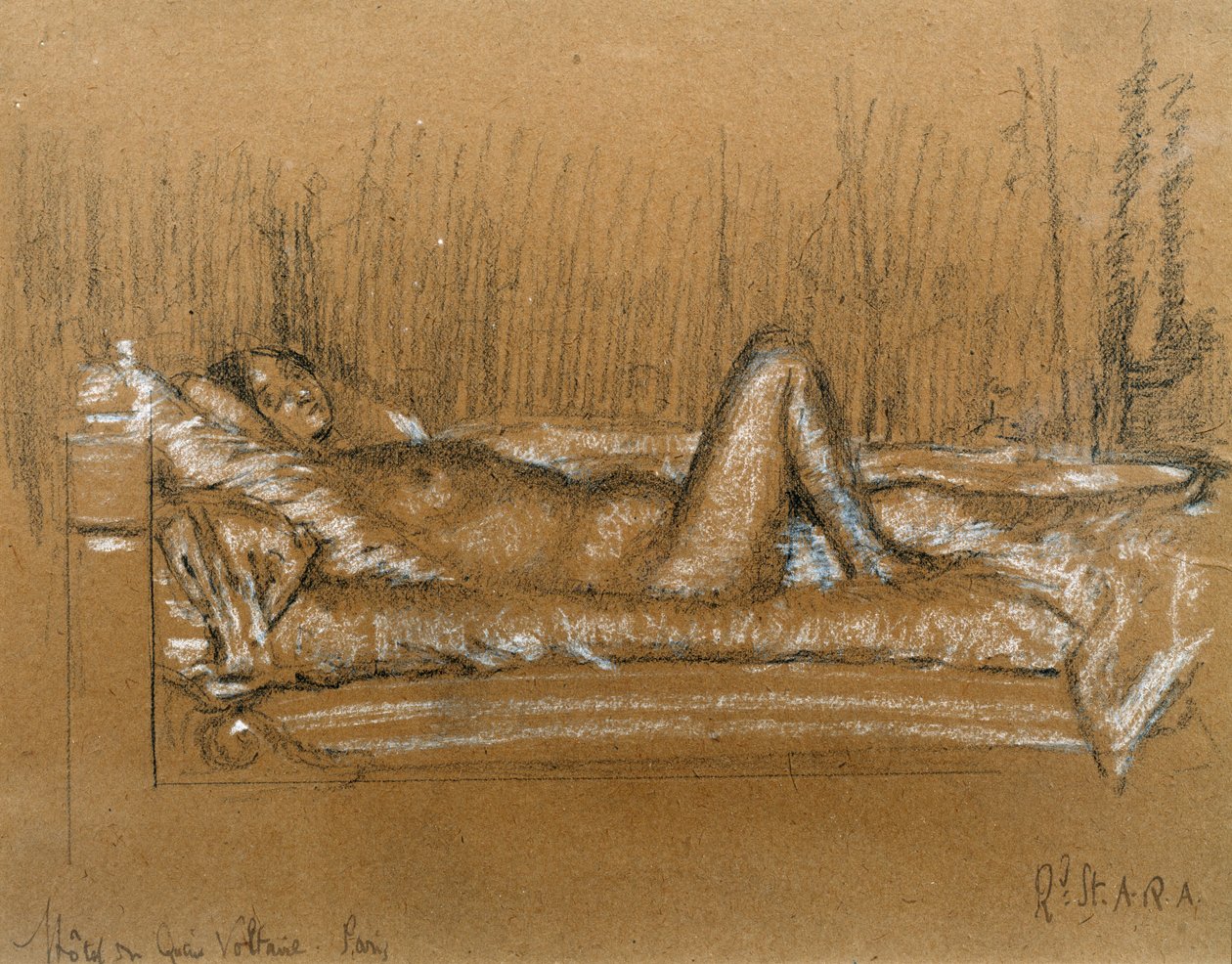 Jeanne, Hotel du Quai Voltaire, Paříž (uhlí a bílá křída na papíře) od Walter Richard Sickert