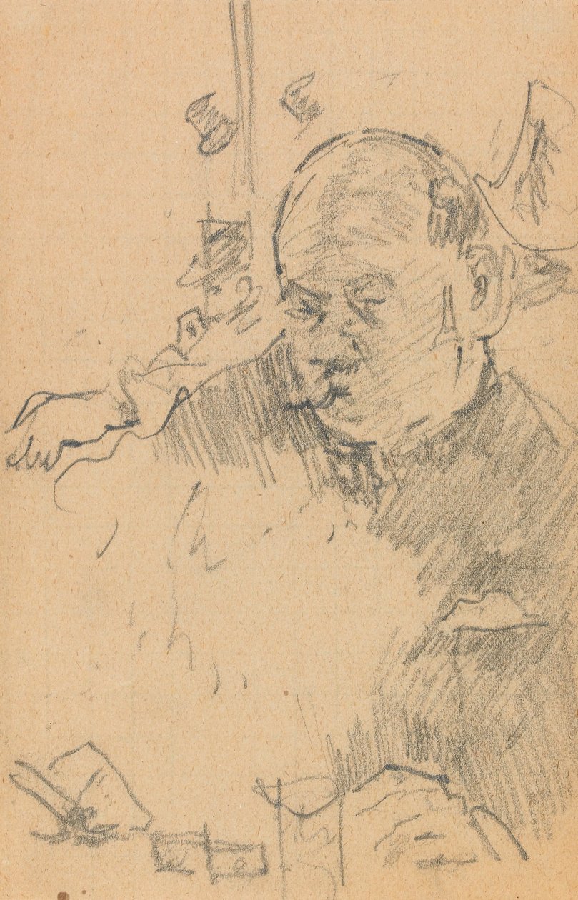 Muž s knírkem sedí, popíjí v baru s dalšími dvěma muži v kloboucích (grafit na papíře) od Walter Richard Sickert