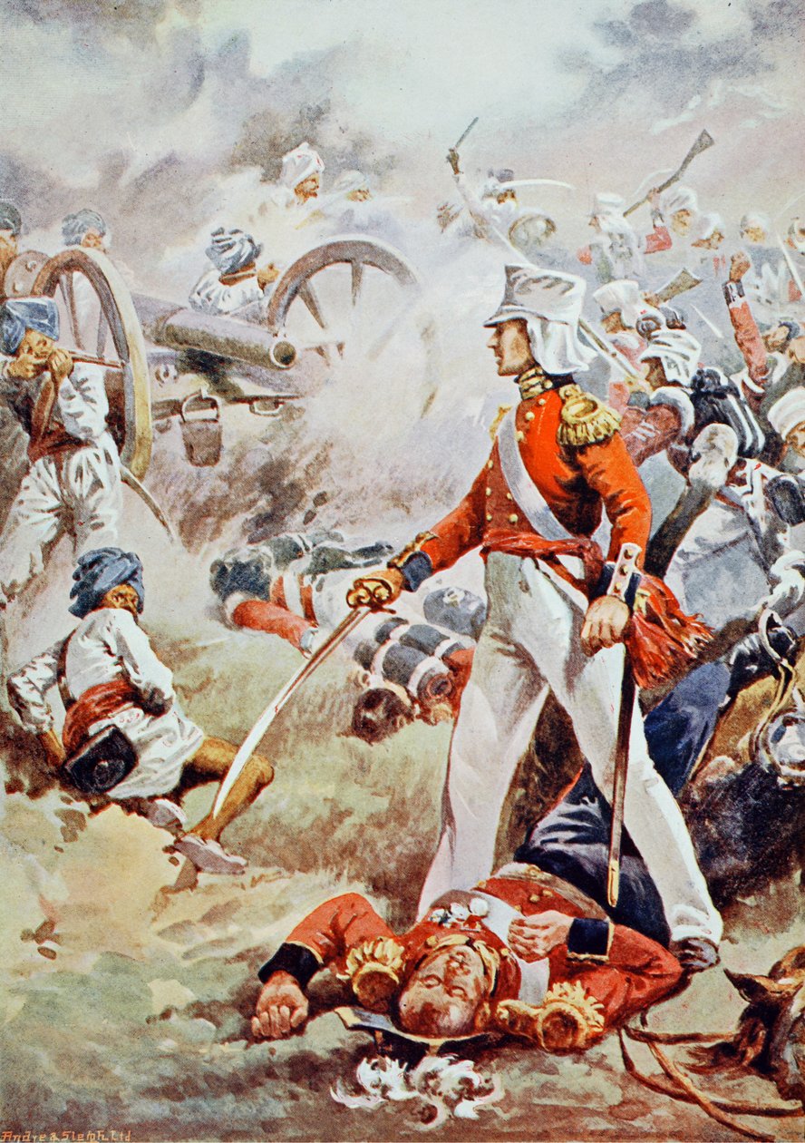 Pennycuick byl zabit: jeho udatný syn, pouhý chlapec, vyskočil kupředu a porazil tělo svého otce, ilustrace z „Bitev devatenáctého století“ od Archibalda Forbese, G.A. Henty a major Arthu od Walter Stanley Paget