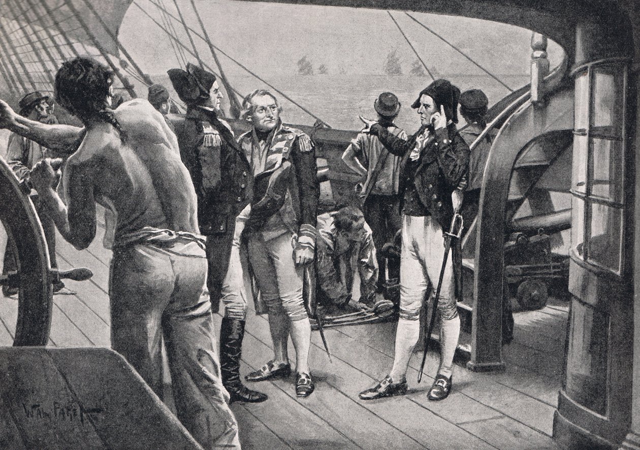 Sire Johne, v linii je dvacet sedm plachet, ilustrace z knihy "British Battles on Land and Sea", vydané nakladatelstvím Cassell, Londýn, cca 1910. od Walter Stanley Paget
