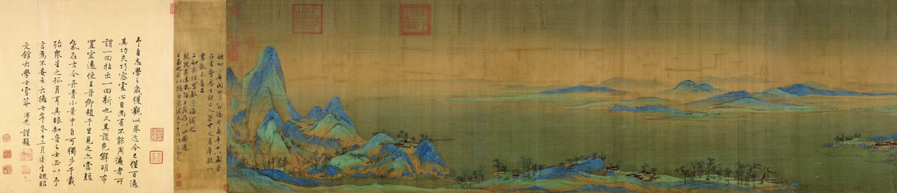 Ukončete detail ručního svitku Tisíc li nebo Řeka a hory (千里 江山) inkoustem a barvou na hedvábí. 11,91 metru x 55,8 cm. (konec svitku) Nachází se v Palace Museum v Pekingu od Wang Ximeng