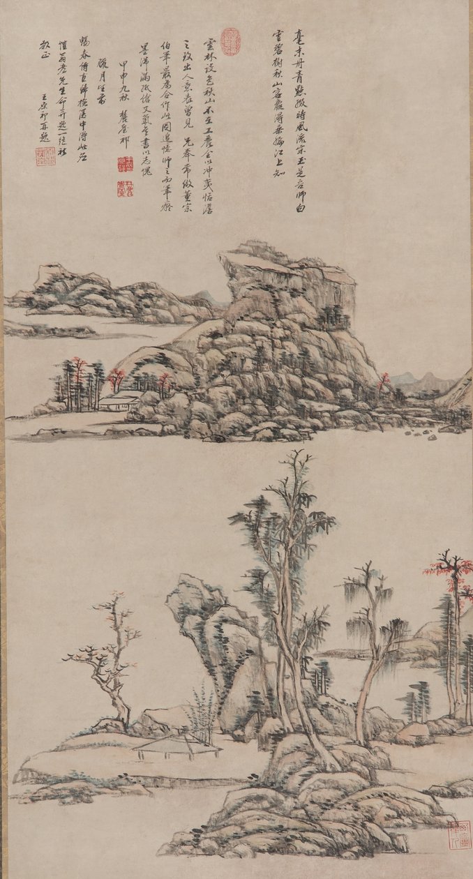 Podzimní hory ve stylu Ni Zan, dynastie Qing, 1704 (inkoust a barva na papíře) od Wang Yuanqi