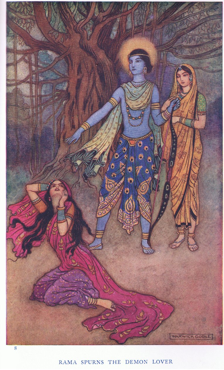 Ráma odmítá milence démonů (barva litho) od Warwick Goble