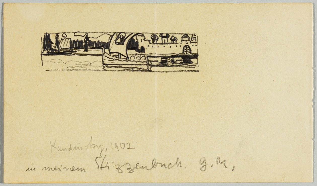 Říční krajina s lodí a opevněné město od Wassily Kandinsky