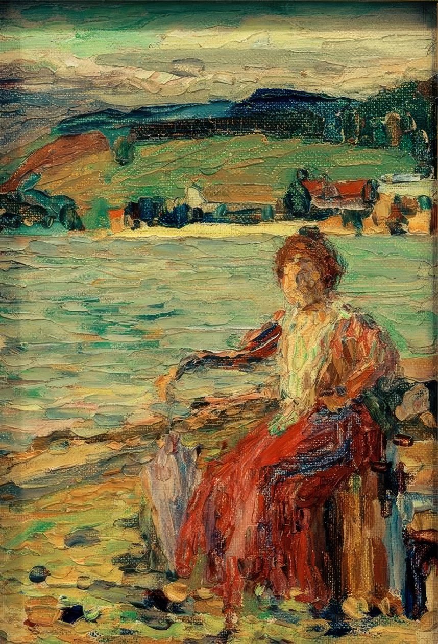V červených šatech na břehu jezera od Wassily Kandinsky
