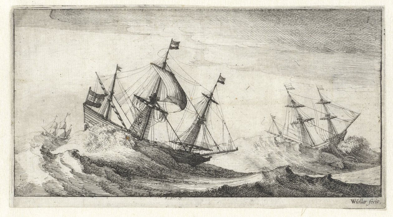 Plachetnice v mořské bouři Mořské krajiny (název série) od Wenceslaus Hollar