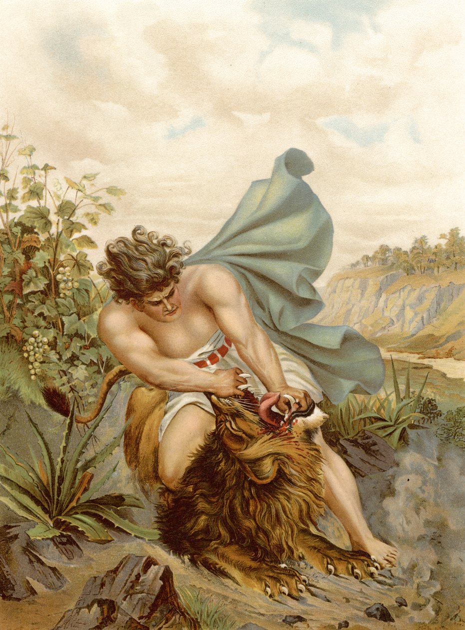 Samson zabíjí lva (barevné litho) od Wilhelm Ebbinghaus