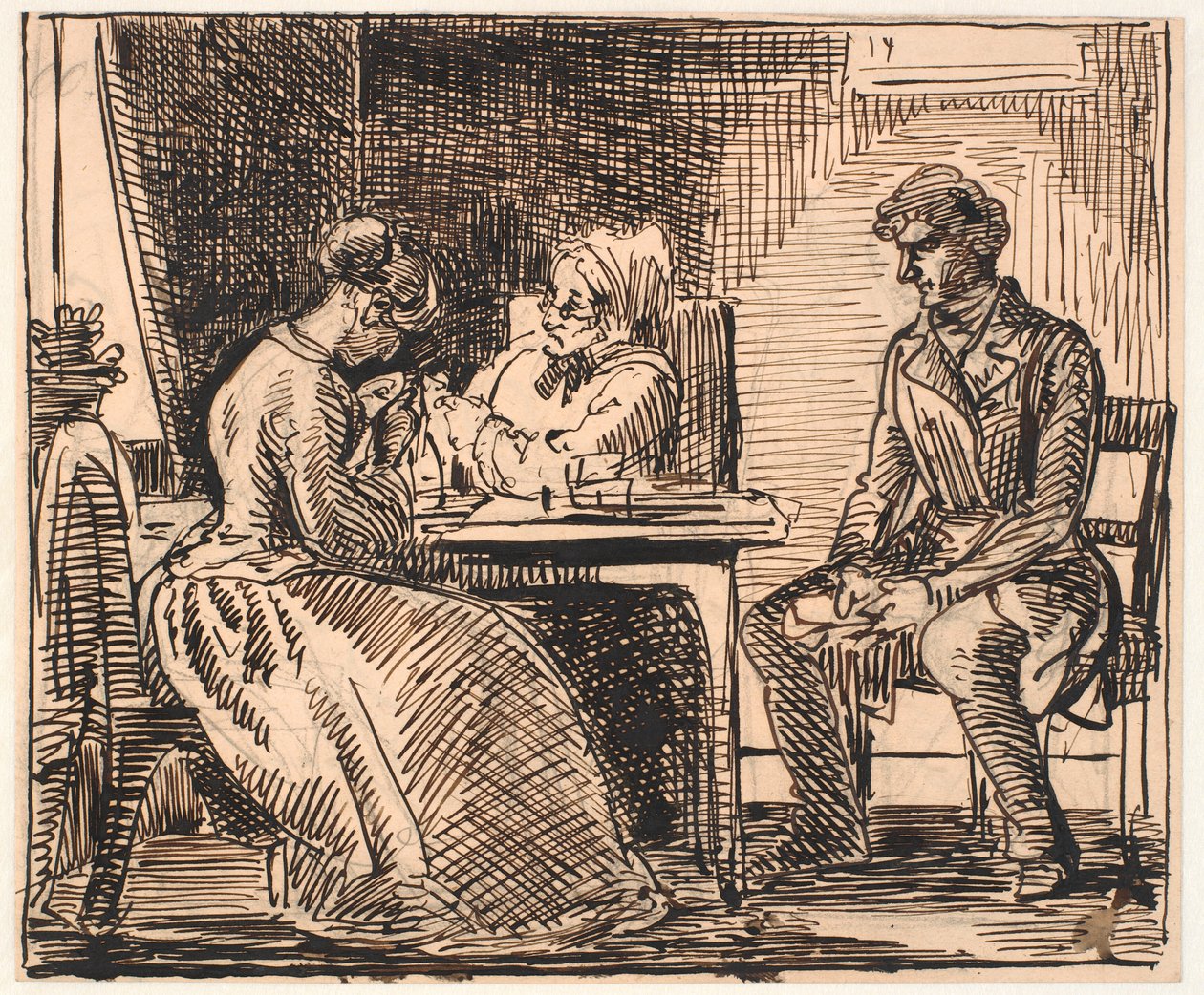 Návrh „Obrázku každodenního života“ (Návštěva nápadníka) od Wilhelm Marstrand