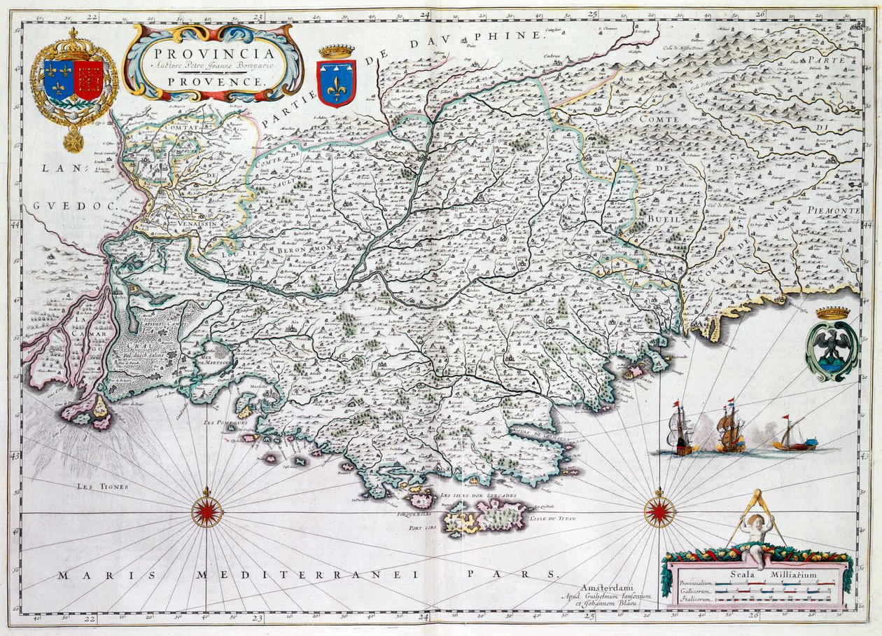 Mapa „Provincie“ nebo Provence, nyní součástí jižní Francie, 1638 (ručně kolorovaná rytina) od Willem Janszoon Blaeu