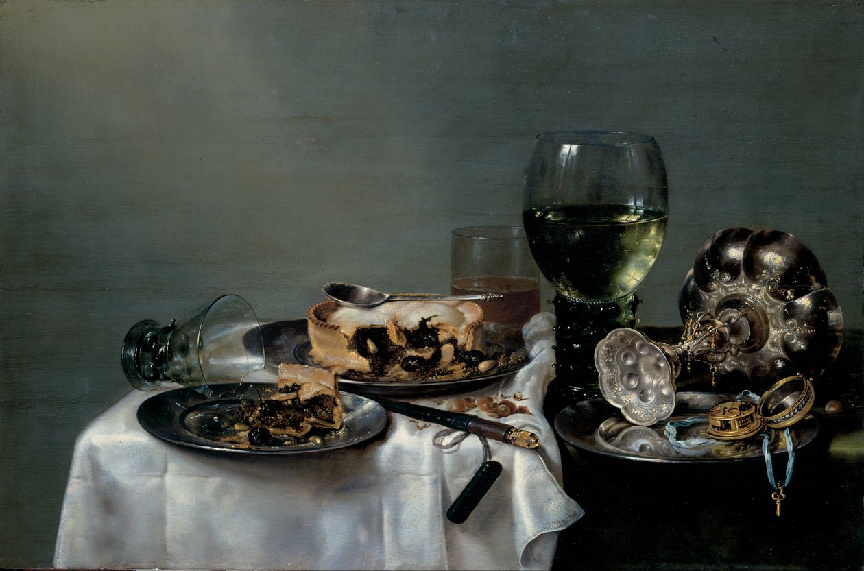 Snídaňový stůl s ostružinovým koláčem od Willem Claesz. Heda
