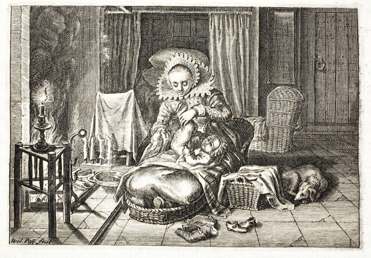 Přebalování dítěte, ilustrace z „Emblemata of Zinne-werk“ od Johannese de Brune (1589-1658), Jana Jacobse Schippera, Amsterdam, 1661 od Willem Van de Passe