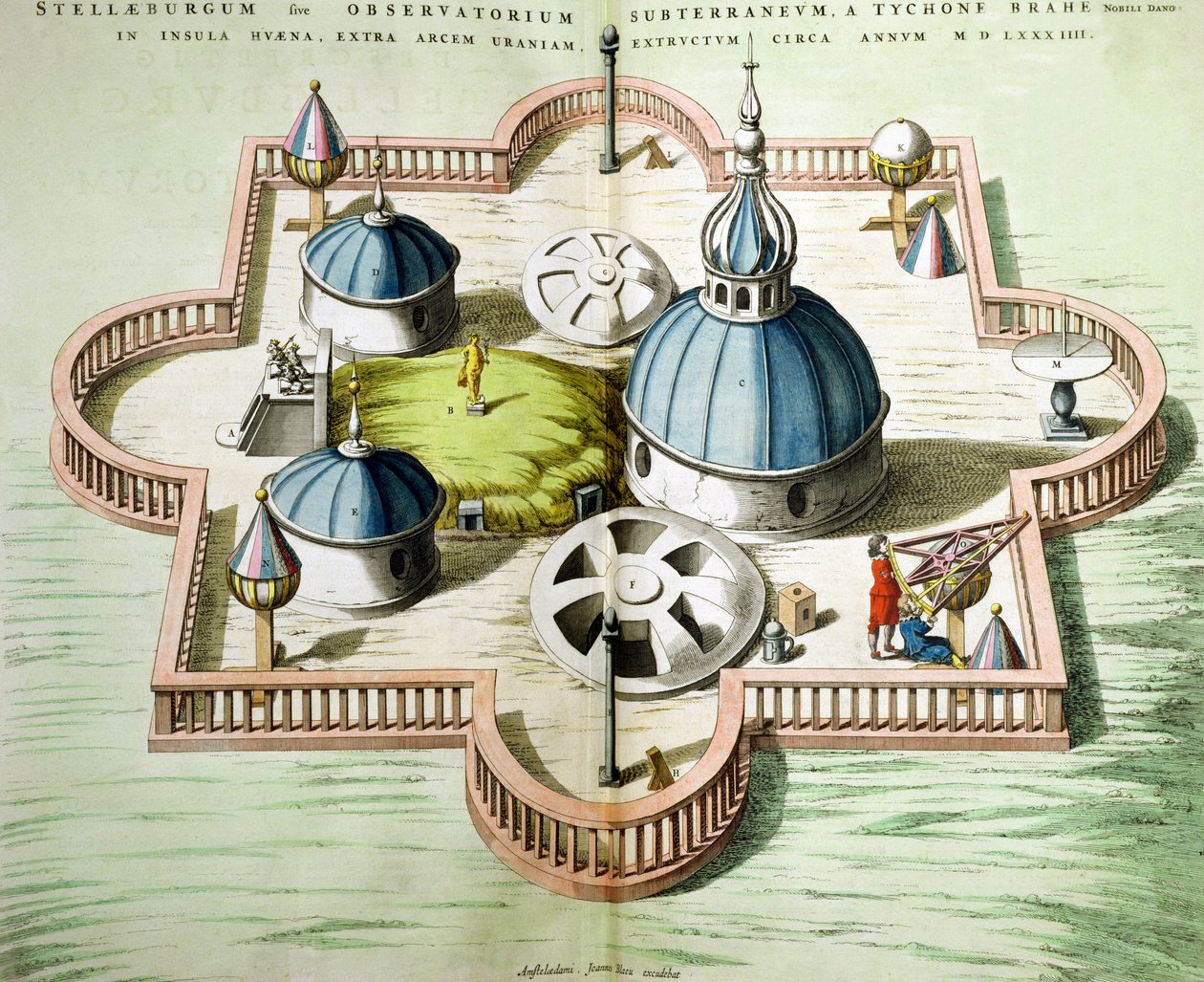 Celkový pohled na observatoř Uraniborg, postavenou kolem roku 1584 Tycho Brahe (1546-1601) na ostrově Hven, Dánsko z „Le Theater du Monde“ nebo „Nouvel Atlas“, publikované v Amsterdamu, 1645 (c od Joan Blaeu