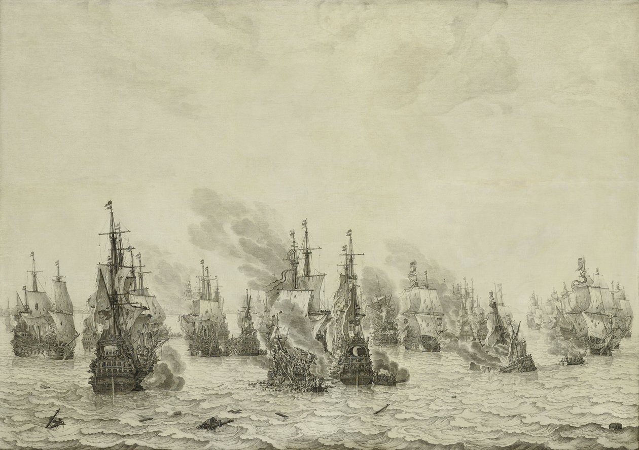 Bitva o Livorno nebo Leghorn, kolem 1659-99 (malba perem na panelu) od Willem van de Velde the Elder