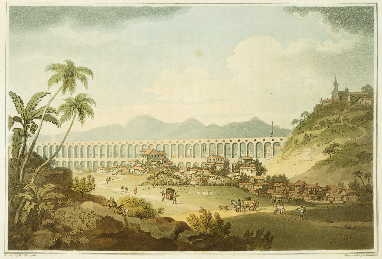Arcos de Carioco, neboli Velký akvadukt v Rio de Janeiru, deska 5 z „Voyage to Cochinchina“ od Johna Barrowa (1764-1848) vyrytý Thomasem Medlandem (1755-1823) 1806 (akvatinta) od William Alexander