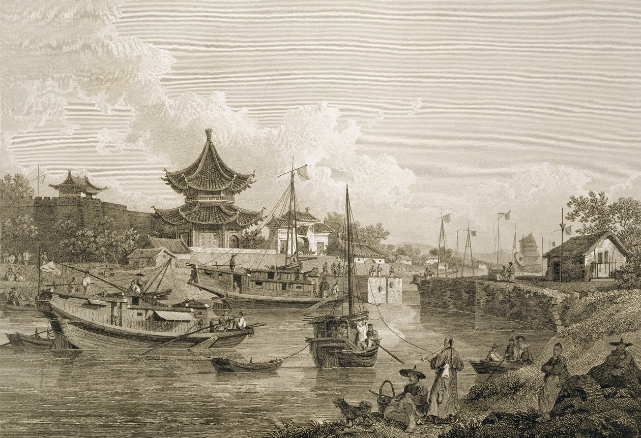 Čínské čluny velvyslanectví projíždějící propustem Canal Grande, vyryto Benjamin Thomas Pouncy (fl.1772-99) pub. G. Nicol, 1796 od William Alexander