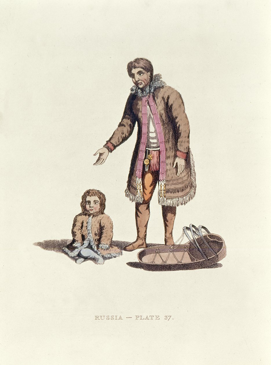 Samojed žena s dítětem a kolébkou z Dress of the Russ, 1814 od William Alexander