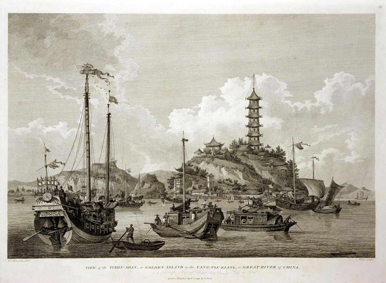 Pohled na Tchin Shan, neboli Zlatý ostrov, v Yang-tse Kiang, neboli Velká řeka Číny, vyryl Wilson, hospoda. G. Nicol, 1796 od William Alexander