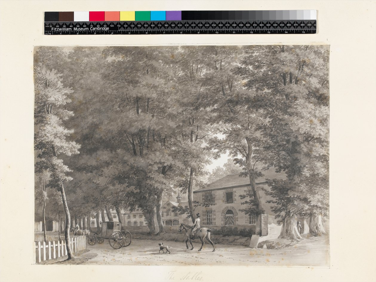 No.3933.f8 Pohled do stájí na panství Mount Merrion lorda Fitzwilliama, poblíž Dublinu, 1806, (inkoust a mytí) od William Ashford