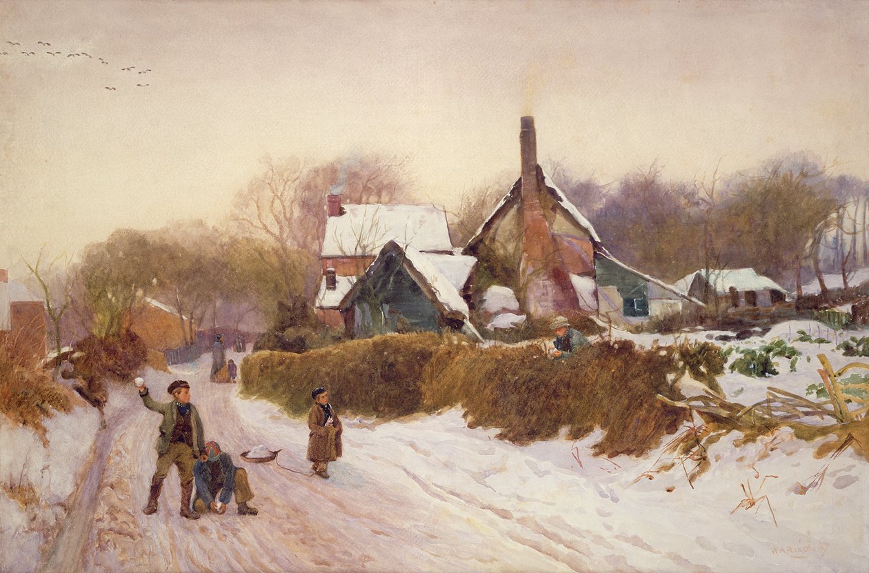 Boys Snowballing at Cookham Dean, 1887 (wc na papíře) od William Augustus Rixon