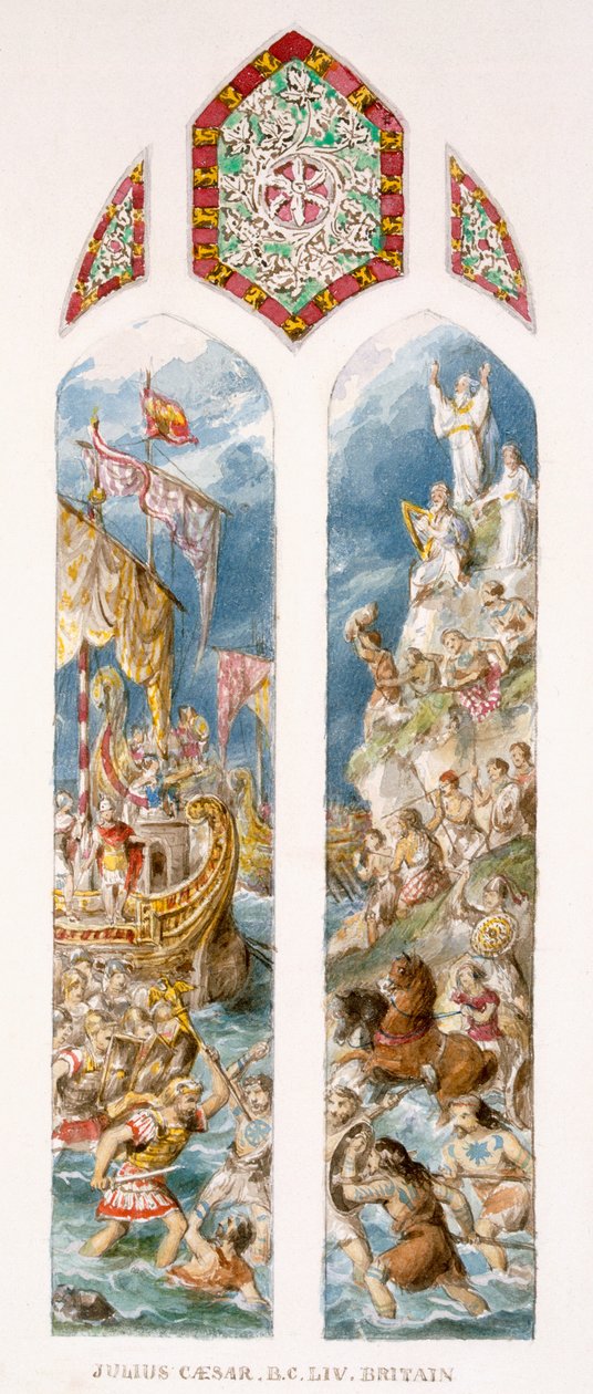 Julius Caesar připlouvá ke břehům Británie, 54 př. n. l., v trimarenes, je napaden Brity namalovanými vatou, kolem roku 1880 od William Bell and Boyd, Alice Scott