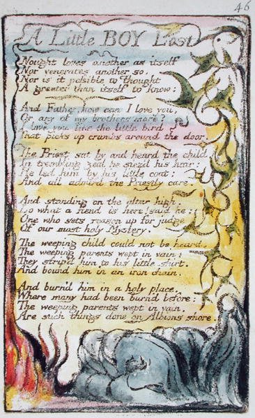A Little Boy Lost, deska 46 (Bentley 50) z Songs of Innocence and of Experience (Bentley Copy L) 1789-94 (vyvýšený lept s perem a wc) od William Blake