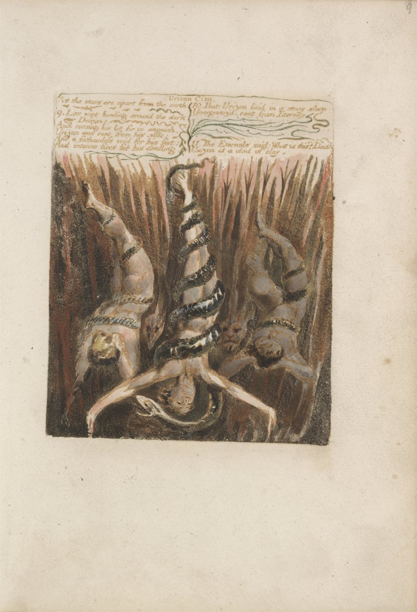 Jak jsou hvězdy odděleny od země..., deska 9 z The First Book of Urizen, 1794 (barevně tištěný reliéfní lept inkoustem a wc) od William Blake