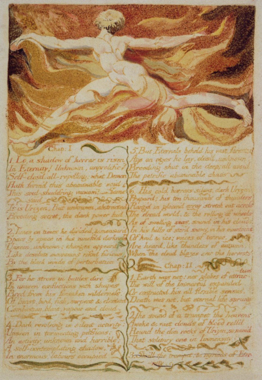 kap. I, Lo, a shadow..., deska 5 z The First Book of Urizen, 1794 (barevně tištěný reliéfní lept inkoustem a wc) od William Blake