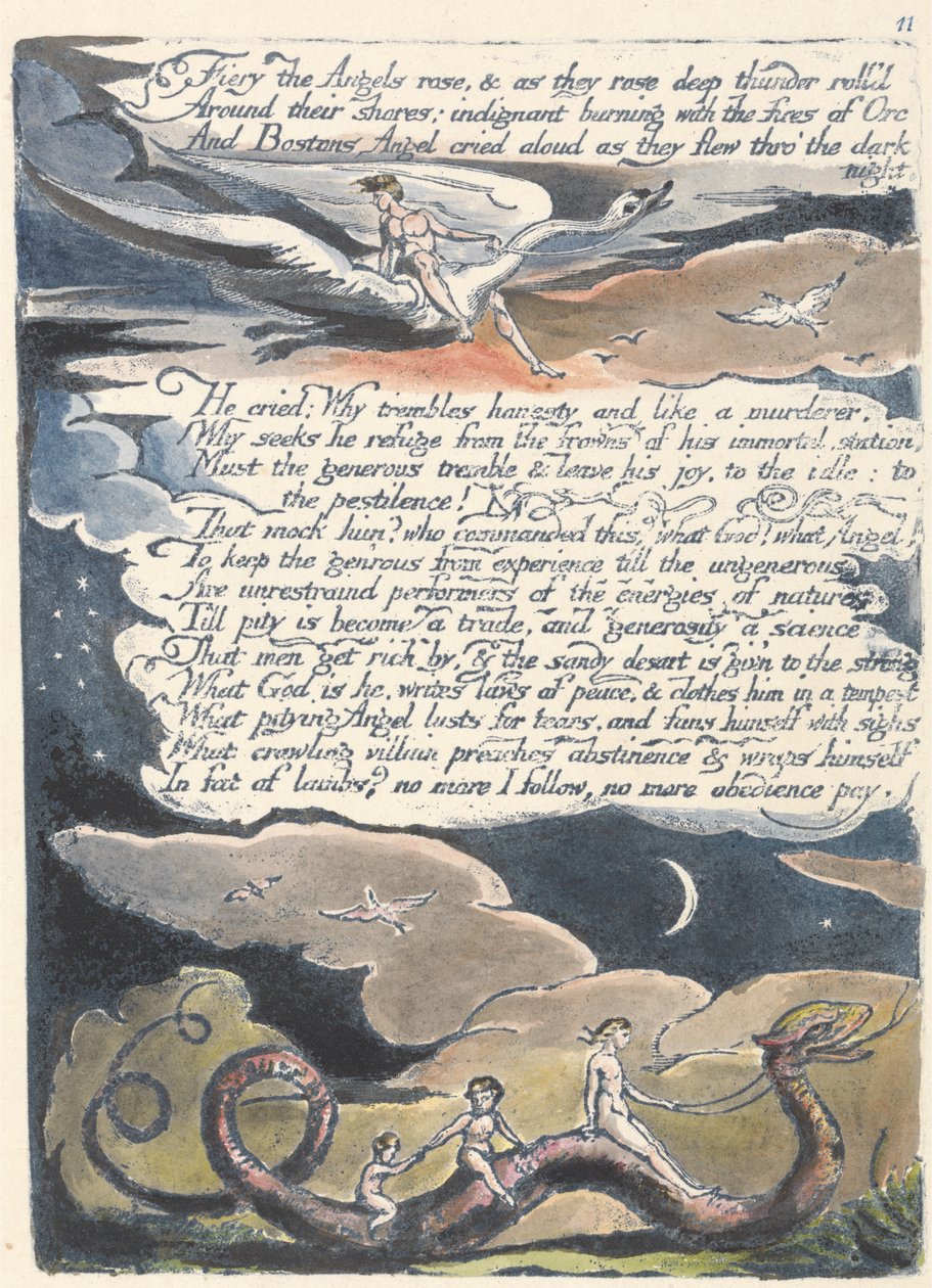 Fiery Angels rose..., deska 13 z America: A Prophecy, 1793 (reliéfní lept modře vytištěný perem a inkoustem a wc) od William Blake