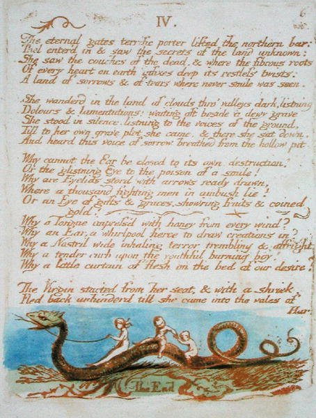 IV. The Eternal Gates..., deska 8 z The Book of Thel 1789 (reliéfní lept tištěný hnědě s wc na papíře) od William Blake