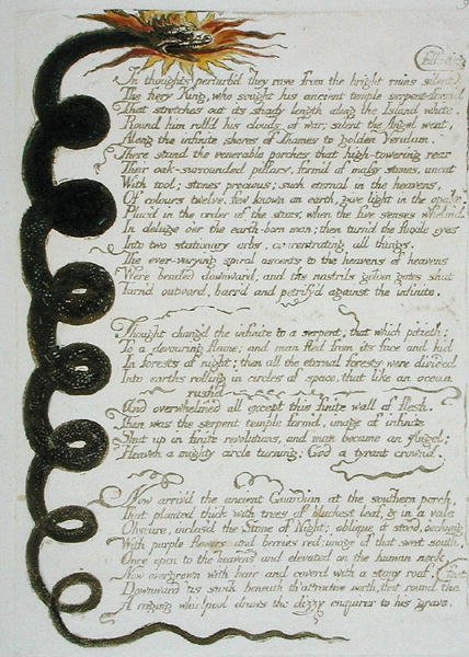 V myšlenkách perturbd..., deska 11 z Evropy. A Prophecy, 1794 (reliéfní lept s wc & olej na papíře) od William Blake