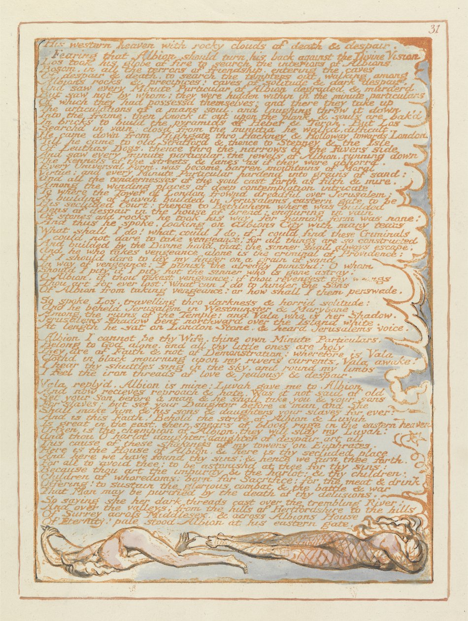 Jerusalem His Western Heaven..., pl.31, z Jeruzaléma The Emanation of the Giant Albion od Williama Blakea (1757-1827), 1804-1820 (reliéfní lept perem a wc na papíře) od William Blake
