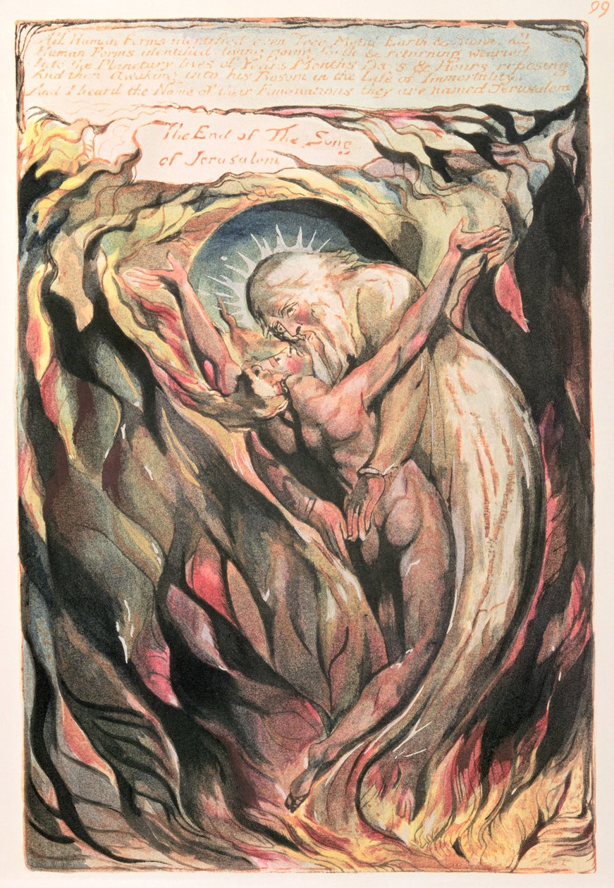 Jerusalem The Emanation of the Giant Albion: plate 99 All Human Forms (shledání Jeruzaléma, představujícího člověka a Boha, který spojuje prvky Ježíše a Jehovy), kolem 1804-20 (wc on relief e od William Blake