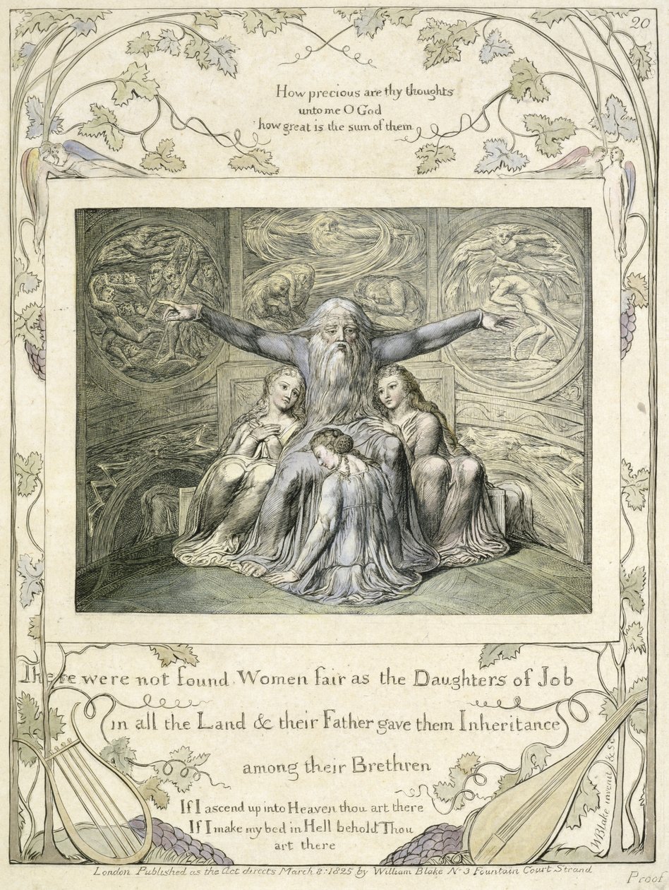 Job a jeho dcery (pl.20) z Knihy Jobovy, asi 1793 (ručně tónovaná liniová rytina) od William Blake