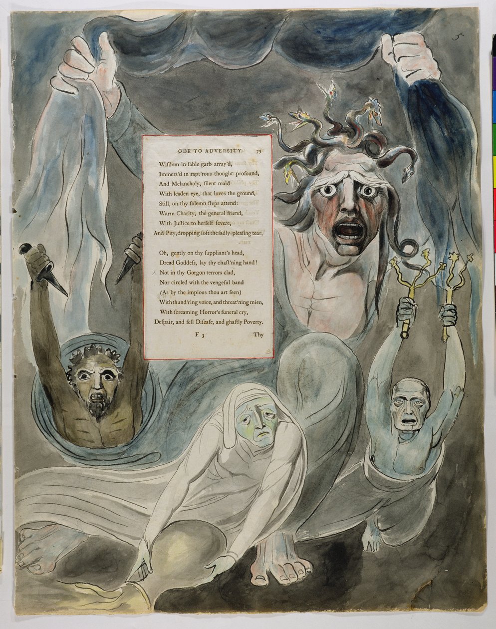 Óda na protivenství, z „Básně Thomase Graye“, 1797-98 (wc a černý inkoust na papíře) od William Blake