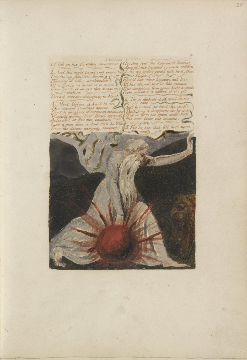 Of life forsaken mountains..., deska 24 z The First Book of Urizen, 1794 (barevně tištěný reliéfní lept inkoustem a wc na papíře) od William Blake
