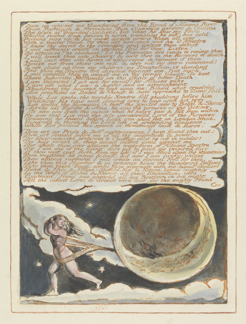 Vstal proti mně..., deska 8 z Jeruzaléma, 1804-20 (reliéfní lept oranžově tištěný perem a wc) od William Blake