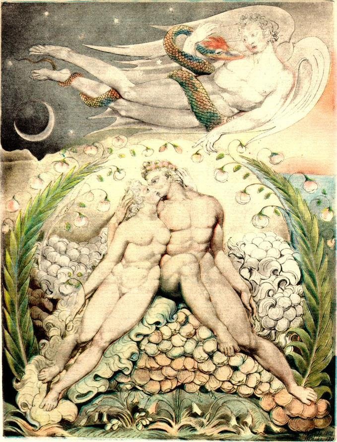 Satan sledující pohlazení Adama a Evy od William Blake