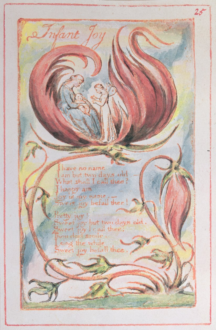 Písně nevinnosti; Infant Joy, 1789 (reliéfní lept tónovaný wc) od William Blake