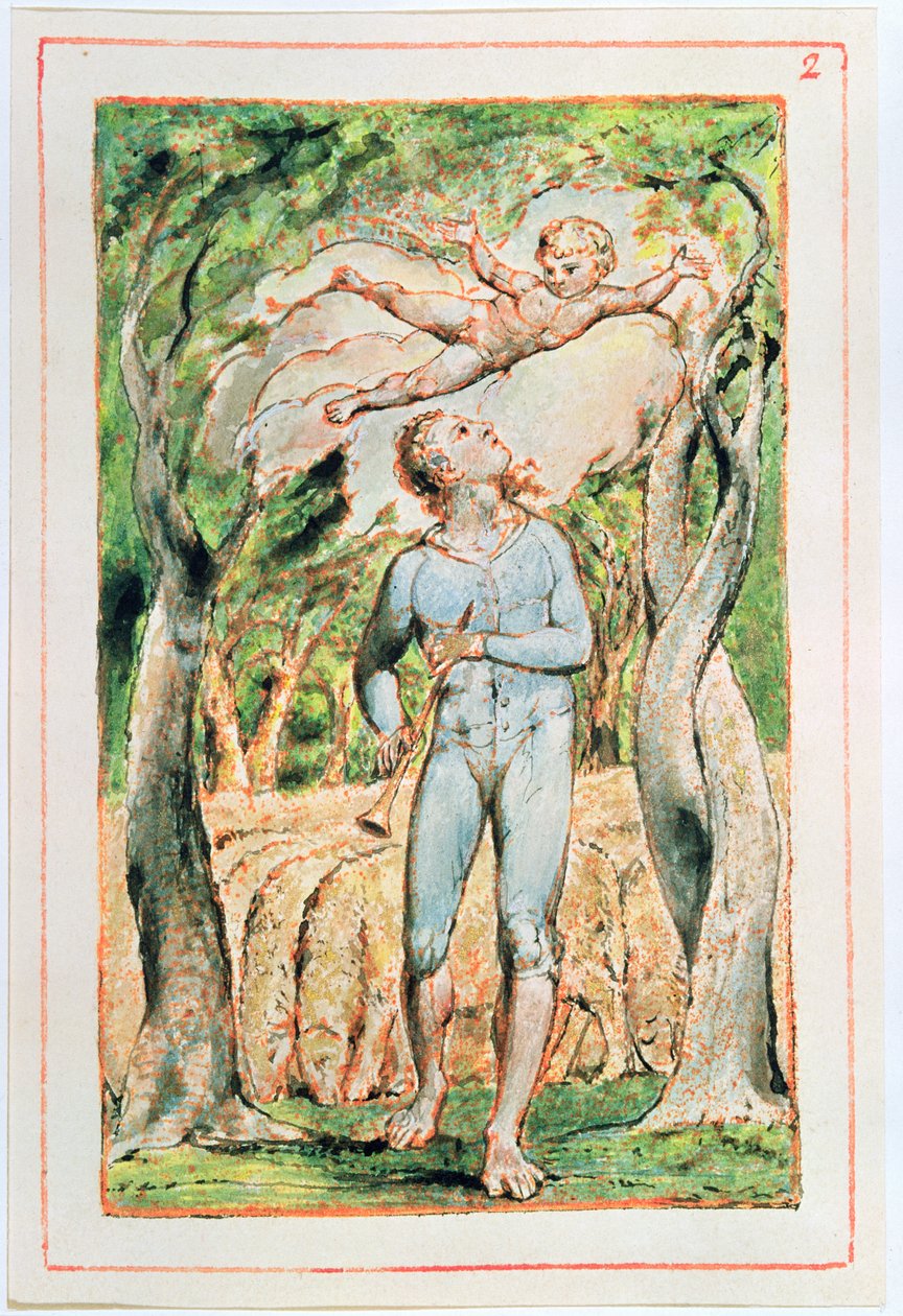 Písně nevinnosti; the Piper (frontispis), 1789 (reliéfní lept, tónováno wc) od William Blake