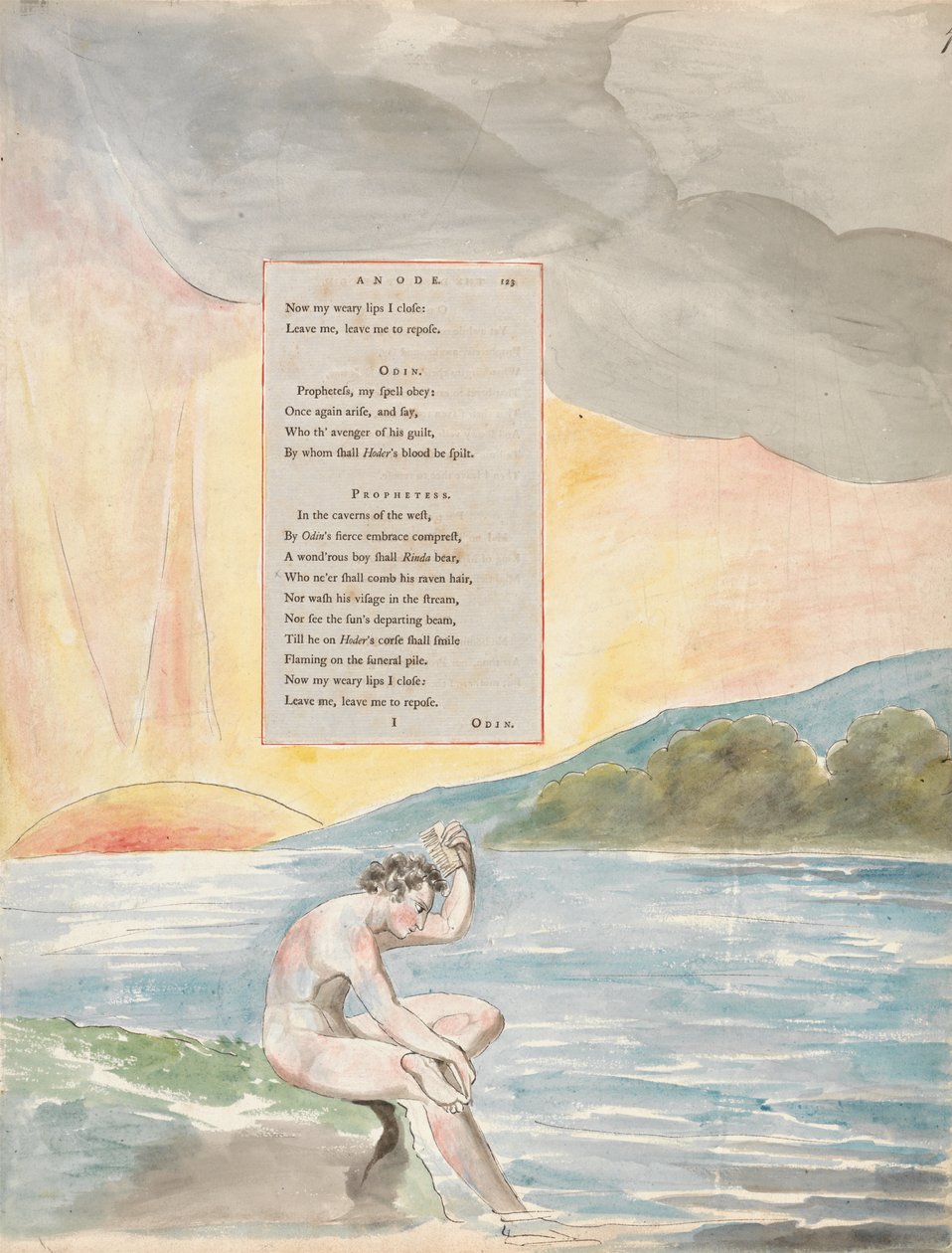 The Descent of Odin, design 83 z The Poems of Thomas Gray, 1797-98 (wc s perem a inkoustem na papíře) od William Blake