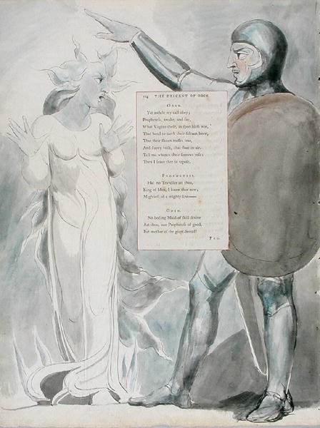 The Descent of Odin, design 84 z The Poems of Thomas Gray, 1797-98 (wc s perem a inkoustem na papíře) od William Blake