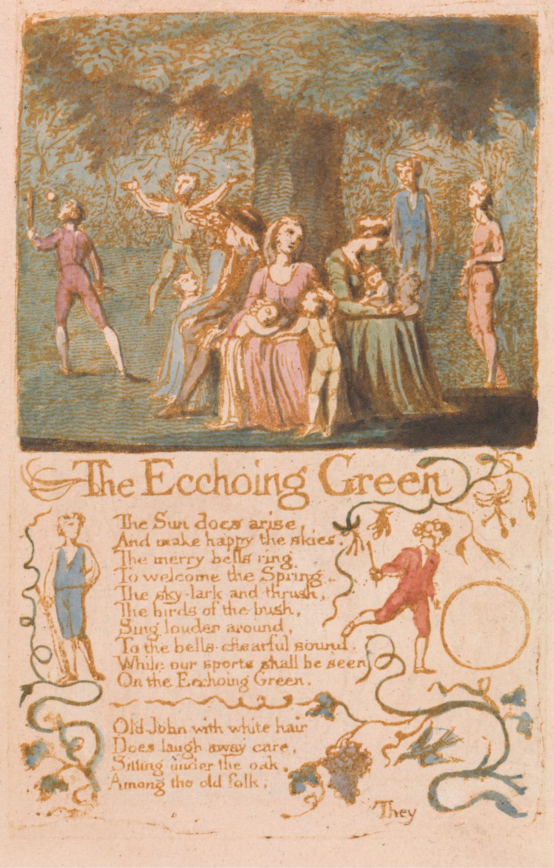 The Ecchoing Green, deska 10 z Songs of Innocence, 1789 (reliéfní lept s wc na papíře) od William Blake