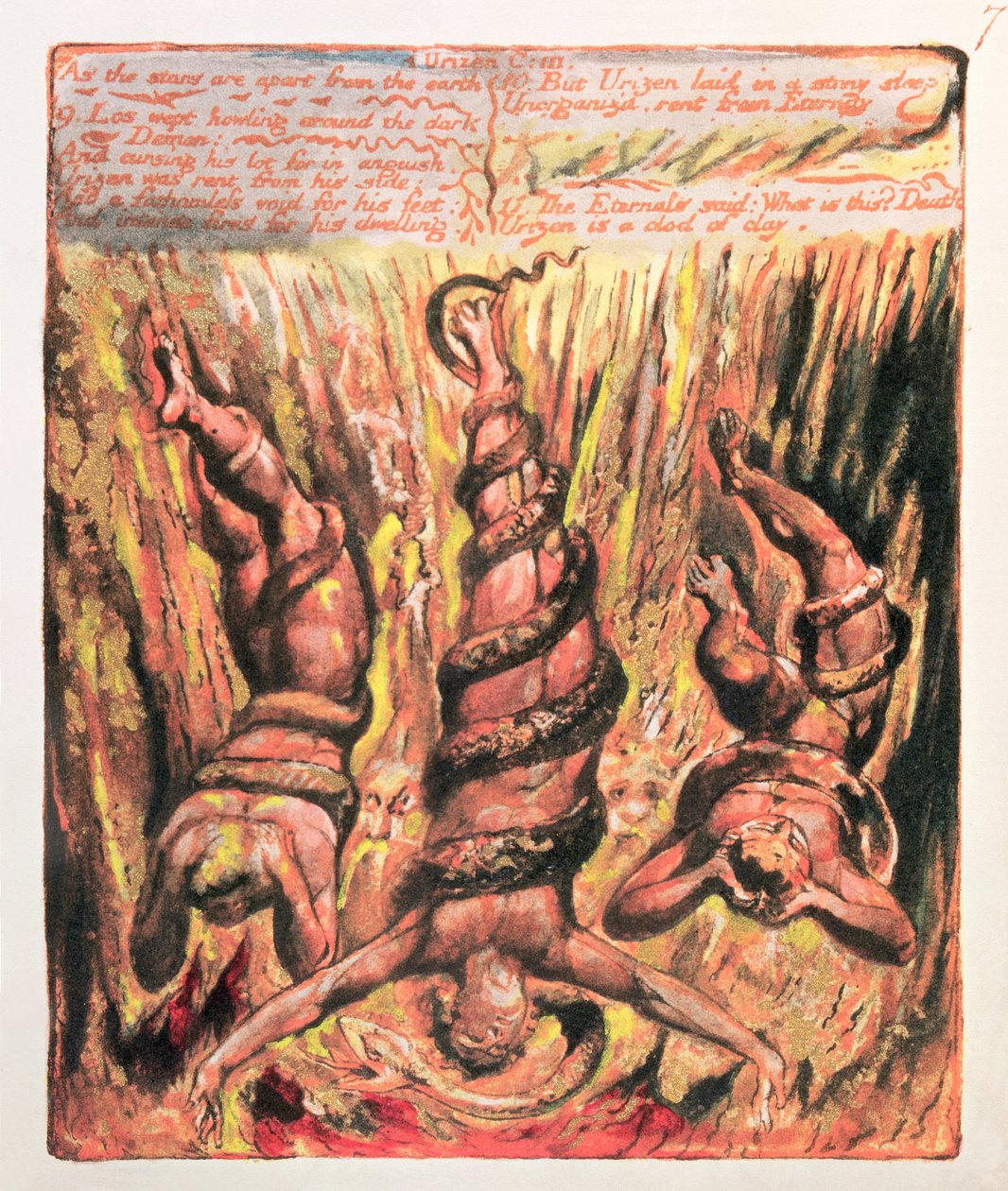 První kniha Urizenova; Když jsou hvězdy odděleny od Země, 1794 (barevně tištěný reliéfní lept) od William Blake