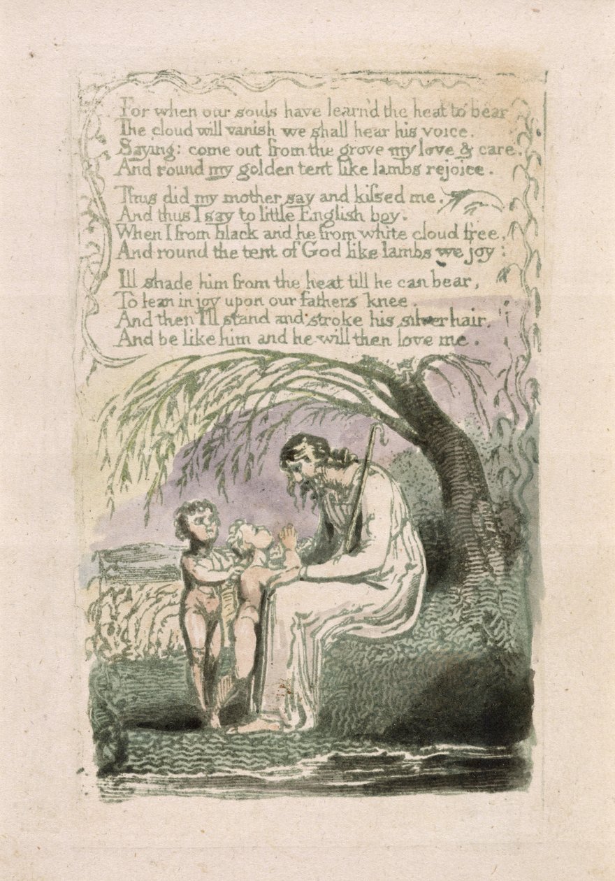 "Malý černý chlapec", deska 6 z knihy "Songs of Innocence", 1789 (ručně kolorovaný reliéfní lept s čb na papíře) od William Blake