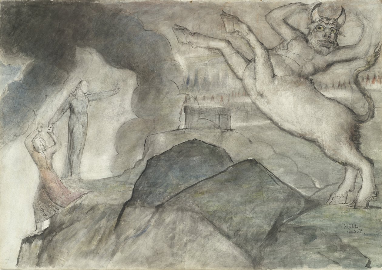 Minotaurus, ilustrace k Božské komedii od Dante Alighieriho, 1824-27 (pero a inkoust s wc přes tužku a křídu na papíře) od William Blake