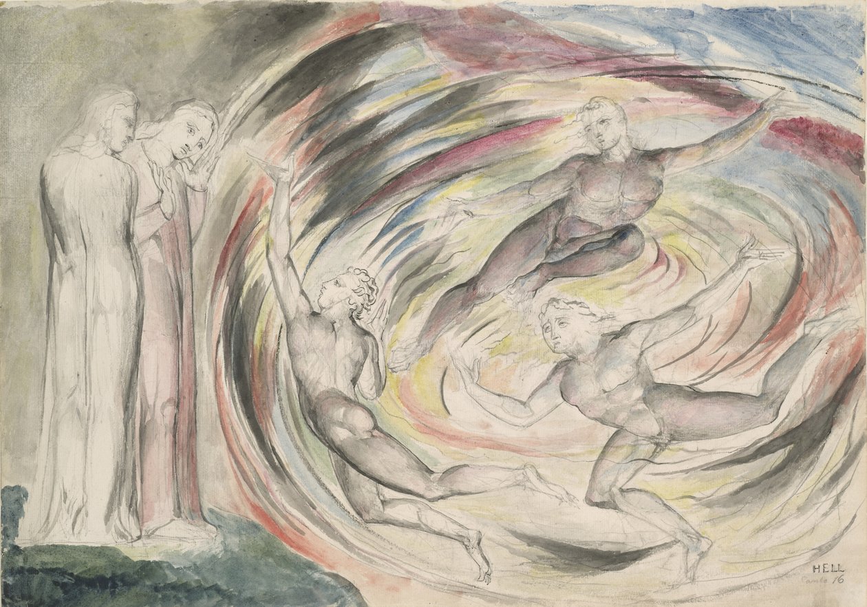 Trest Rusticucciho a jeho společníků, ilustrace k Božské komedii od Dante Alighieriho, 1824-27 (pero a inkoust s wc přes tužku a křídu na papíře) od William Blake